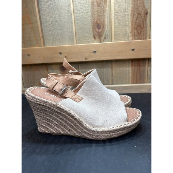 NWOB Toms Womens Espadrille Wedge Sandals Beige Canvas Size 7.5 - Picture 1 of 8